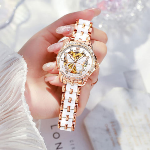 Womens Watches Elegant Dress Diamond Automatic Self Winding Watches for Women Luxury Fashion Stainless Steel Ceramic Waterproof Luminous Women'S Wrist Watches