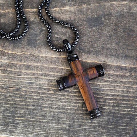 Real Santos Wood Cross Necklace Pendant Black 24" Stainless Steel Chain