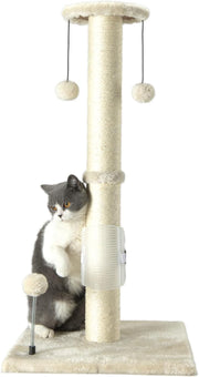 32" Tall Cat Scratching Post Sisal Rope Scratch Posts with Hanging Ball and Self-Massage Brush Vertical Scratcher for Indoor Cats and Kittens(Beige 32Inches)