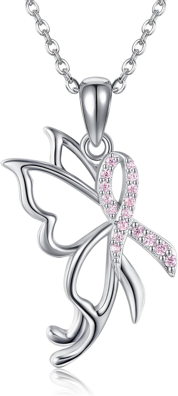 Breast Cancer Awareness Necklace Sterling Silver Pink Ribbon Survivor Pendant