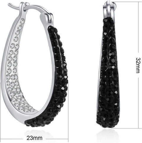 Crystal Hoop Earrings - Silver Plated inside Out Oval Shape Hoop Earrings for Women, 1.2 Inch