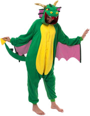 Adult Dragon Pajama, Plush Halloween Dragon Jumpsuit Costume with Pink Wing for Halloween Parties