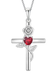 Cross Pendant Necklace Sterling Silver Infinite Rose Flower Necklace Women Faith Jewelry Gift with July Birthstone Created Ruby