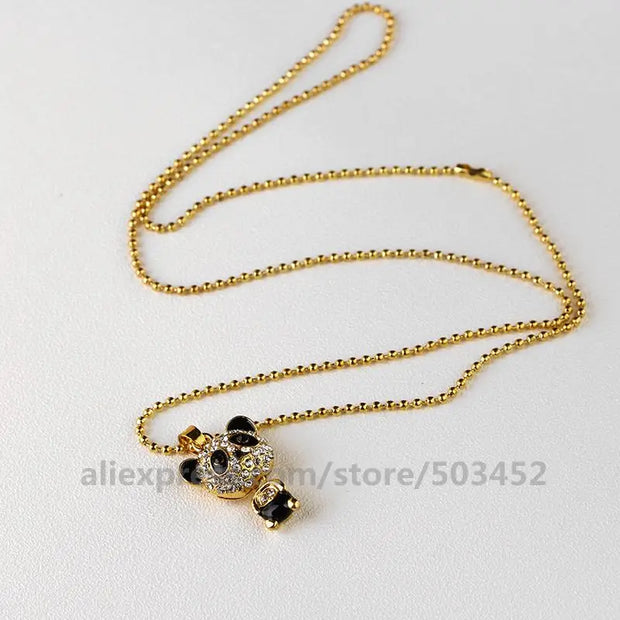 200Pcs/Lot Fashion Pretty Enamel Rhinestone Panda Pendant Necklace Women Crystal Accessories Cute Sweater Necklaces Jewelry