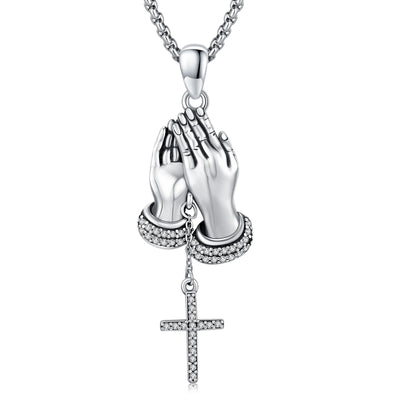 Praying Hands Necklace Sterling Silver the Lord'S Prayer Necklaces Men Women Cross Pendant Necklace for Christian Jewelry Gift, 22"-24" Adjustable Chain