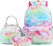 School Backpack Teens Girls Boys Kids School Bags Bookbag with Lunch Bag Pencil Pouch (Tie Dye Green Pink)