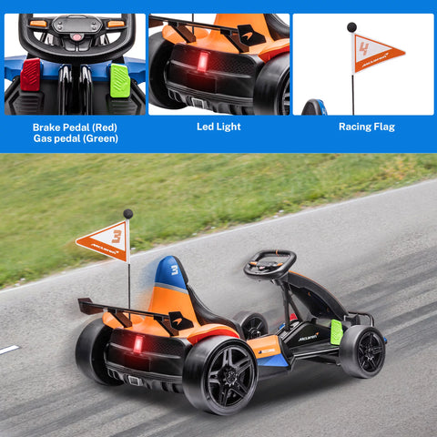 Licensed Mclaren Kids Go Kart, 24V Battery Powered Ride on Car Toy with Bluetooth Function, Safety Belt, LED Lights, Two-Mode Electric Go Cart, Drift Racer Car for Boys Girls