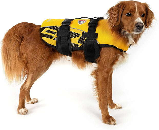 DFD Dog Life Jacket - Adjustable Swimming Safety Vest with Reflective Trim & Durable Grab Handle - 50% More Flotation Material - Medium, Yellow