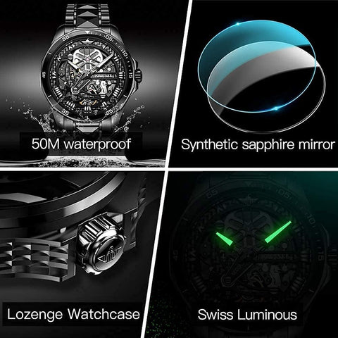 Automatic Skeleton Mens Watches Luxury Wristwatch Mechanical Self-Winding Sapphire Crystal Tungsten Steel Watches 50M Waterproof Luminous No Battery Watches