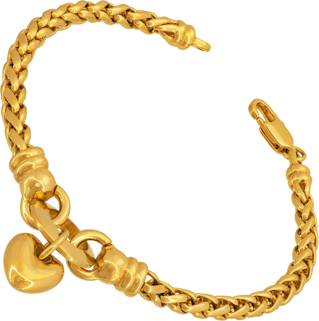 “Love Heart” 4Mm Wheat Chain Bracelet for Women 24K Gold Plated