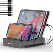 Charging Station for Multiple Devices,  5 Port Multi USB-A Charger Station with Power Switch Designed for Iphone Ipad Cell Phone Tablets (Gray, 7 Mixed Short Cables Included)