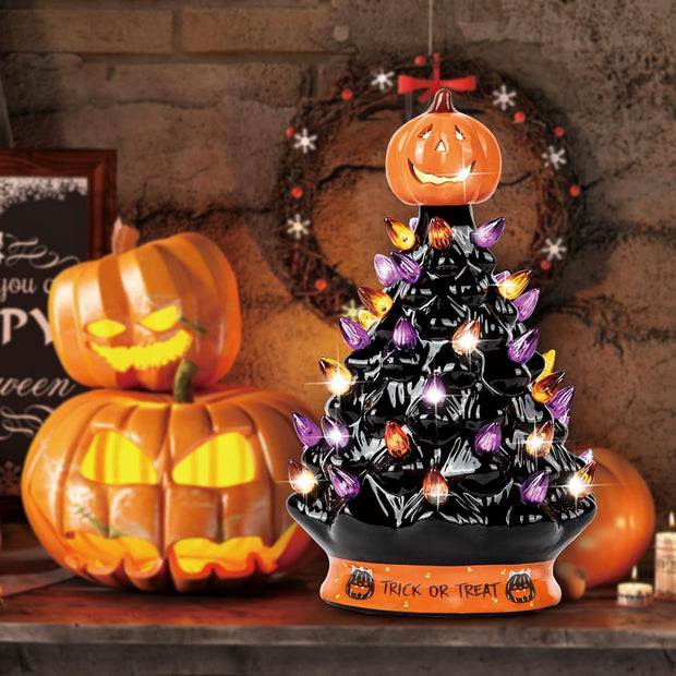 Ceramic Tree - Halloween Decoration Made with Ceramic, Orange Pumpkin Head-Home Decoration-Trick or Treat- over 35 Multicolor Bulbs, LED Light up by Battery - Black, 9 Inch