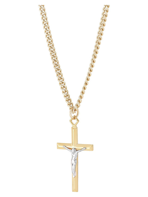 Stainless Steel Gold-Filled and Rhodium Crucifix Pendant, 24" Necklace