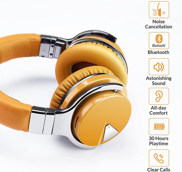 E7 Active Noise Cancelling, Bluetooth Headphones with Microphone Deep Bass Wireless, over Ear, Comfortable Protein Earpads, 30 Hours Playtime for Travel/Work, Yellow