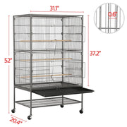 Metal 52-Inch Large Rolling Bird Cage with 3 Perches 4 Feeders