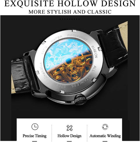 JSDUN Men'S Black Skeleton Leather Watches Automatic Mechanical Luxury Dress Wrist Watches