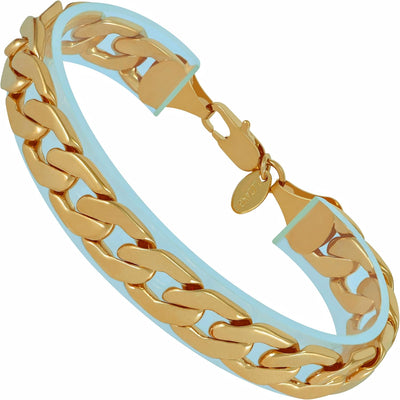 12Mm Flat Cuban Link Chain Bracelet for Men & Women 24K Gold Plated