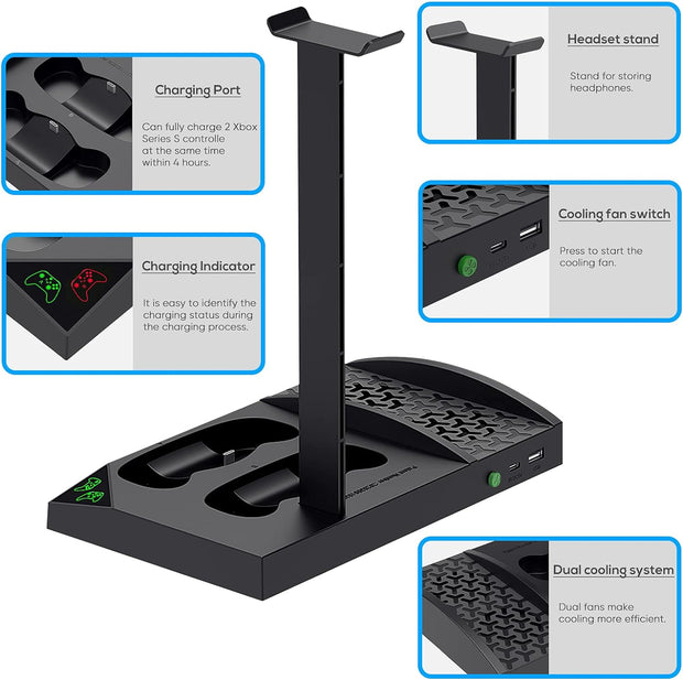 Upgraded Vertical Cooling Fan Stand for Xbox Series S, Cooler Fan System Dual Controller Charging Dock Station with 2 X 1400Mah Rechargeable Battery Pack, Headphone Bracket for Xbox Series S (Black)