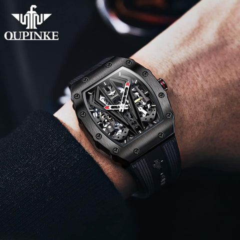 Men'S Skeleton Automatic Mechanical Watches Black Tonneau Silicone Band Sapphire Crystal Waterproof Luminous Wrist Watches