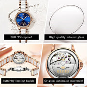 Womens Watches Elegant Dress Diamond Automatic Self Winding Watches for Women Luxury Fashion Stainless Steel Ceramic Waterproof Luminous Women'S Wrist Watches