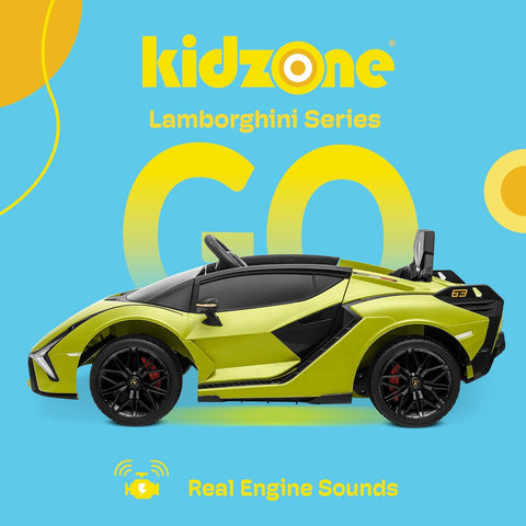 Kids 12V Electric Ride on Licensed Lamborghini Sian Roadster Carbon Fiber Textured Motorized Toy Car with Remote Control, Wheels Suspension, LED Lights & Music – Green