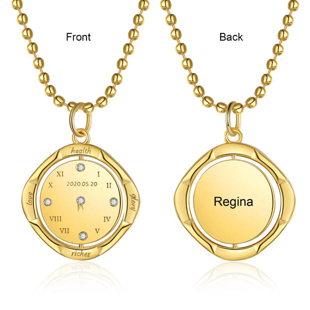 Rhodium Plated Clock Pendant Necklace