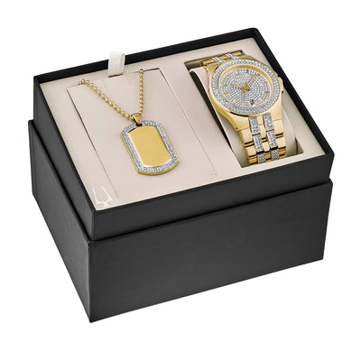 Men'S Crystal Accent Gold-Tone PVD Watch and Dog Tag Pendant Box Set - 98K102