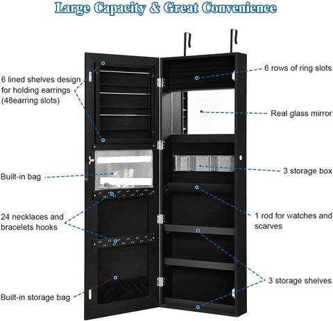 Jewelry Armoire Wall Door Mounted, Lockable Jewelry Cabinet with 47.2''H X 16''W Full Screen Mirror, Large Storage Jewelry Organizer Jewelry Box with Full Length Mirror (Black)