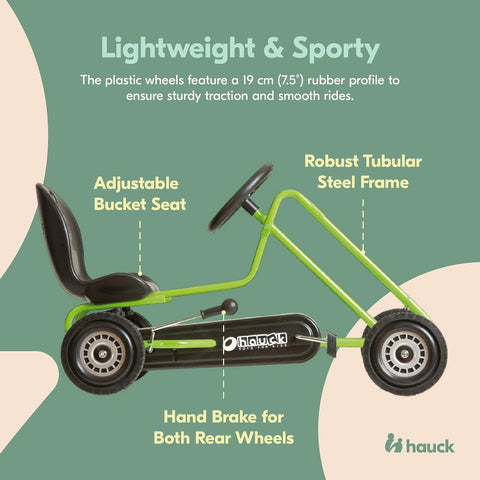 Lightning Ride on Pedal Portable Go Kart Toy with Ergonomic Adjustable Bucket Seat, Handbrake, and Sharp Handling for Boys and Girls, Green