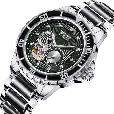 Men'S Automatic Mechanical Wrist Watches, Luxury Skeleton Watches for Men with Black Green Jade & Steel Strap