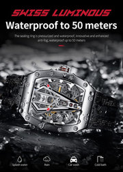 Men'S Skeleton Automatic Mechanical Watches Black Tonneau Silicone Band Sapphire Crystal Waterproof Luminous Wrist Watches