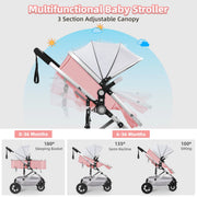 Baby Stroller, Foldable Baby Stroller Reversible Bassinet, Travel Stroller for Newborn Baby, Pink