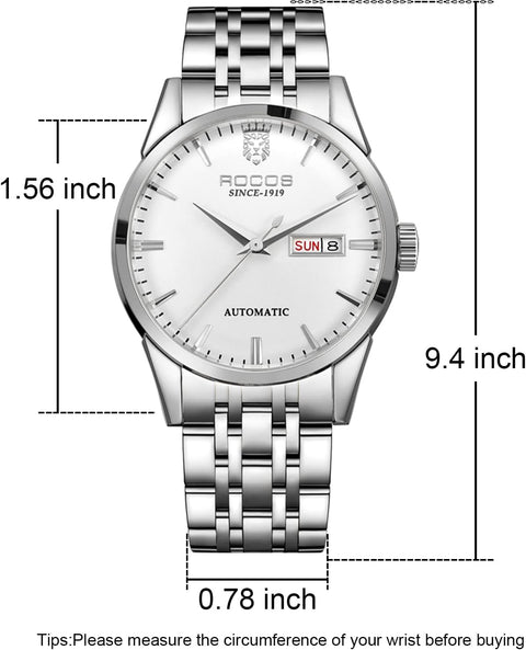 Men'S Wrist Watches Automatic Mechanical Watches Stainless Steel Strap Waterproof Date Fashion Business Wrist Watch for Men RW00101 (Silver)