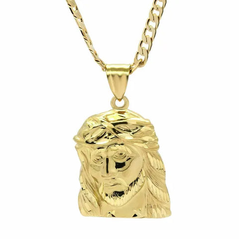 Mens 18K Gold Plated Big Jesus Face Brass Pendant 6Mm 24" or 30" Cuban Chain Necklace