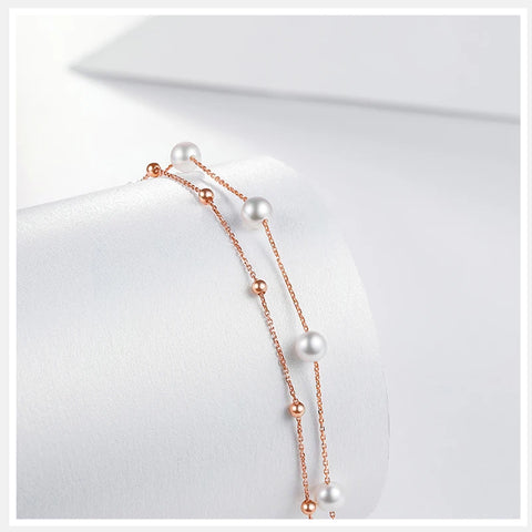 Two Strands Real 18K Rose Gold Bracelet for Women,Au750 Real Pearl Charm Bracelet Wedding Gift