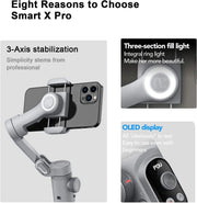 3-Axis Handheld Gimbal Stabilizer Smart X Pro Professional for Smartphone Wireless Charging OLED Display LED Light Focus Wheel