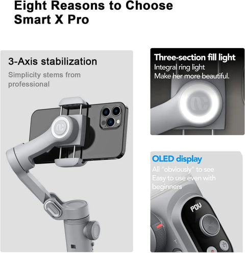 3-Axis Handheld Gimbal Stabilizer Smart X Pro Professional for Smartphone Wireless Charging OLED Display LED Light Focus Wheel