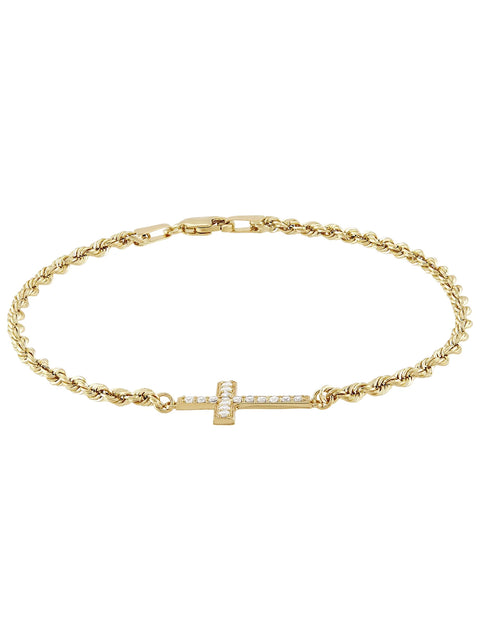 Cubic Zirconia Cross Rope Bracelet in 10K Yellow Gold, 7.5"