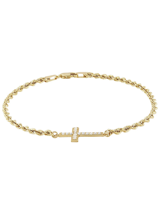 Cubic Zirconia Cross Rope Bracelet in 10K Yellow Gold, 7.5"