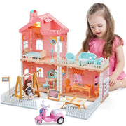 Dollhouse Girls Dreamhouse Playset, 3 Room Dollhouse with Doll Toy Figure, Furniture and Accessories, Color Lights, Steam Chimney, Play House Gift Toys for Kids Ages 3+