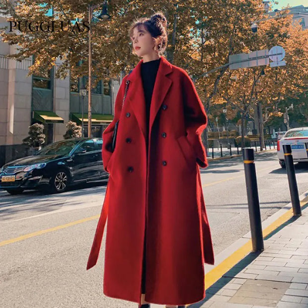 Winter Trench Coat for Women Elegant Fashion Korean Casual Thick Wool Coat Red Lace-Up Long Jacket Black Woman Coat with Blet