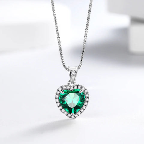 May Birthstone Necklace Women Green Heart Necklace Emerald Crystal CZ 925 Sterling Silver Pendant Jewelry Girl Birthday Mother'S Day Gift