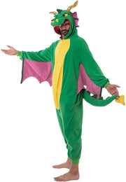 Adult Dragon Pajama, Plush Halloween Dragon Jumpsuit Costume with Pink Wing for Halloween Parties