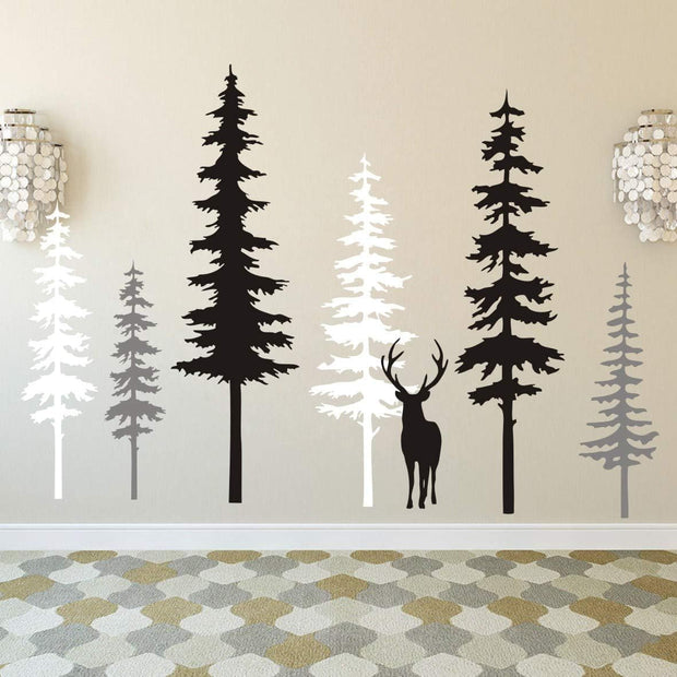 Large Forest Pine Tree with Deer Wall Decals Woodland Trees Wall Sticker for Nursery Room Art Kids Room Bedroom Decoration Forest Tree Animal Wall Mural AM11 (White+Gray+Black W/Deer)