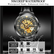 JSDUN Men'S Black Skeleton Leather Watches Automatic Mechanical Luxury Dress Wrist Watches