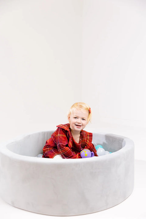 Grey Velvet Ball Pit with 200 Aqua, White, & Grey Balls