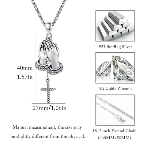 Praying Hands Necklace Sterling Silver the Lord'S Prayer Necklaces Men Women Cross Pendant Necklace for Christian Jewelry Gift, 22"-24" Adjustable Chain