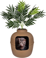 , the Original Hidden Litter Box Base Kit, round Enclosed Cat Litter Box Planter with Artificial Plants, Vented Carbon Odor Filter System, Florist Moss, Easy to Clean, Mocha Brown