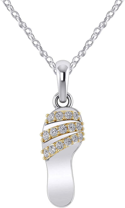 14K Gold Finish Flip Flop Pendant Slipper Beach Fancy Sandals Two Tone Diamond Pendant Necklace 18" Chain Footbed Sandal Slippers Pendant Necklace