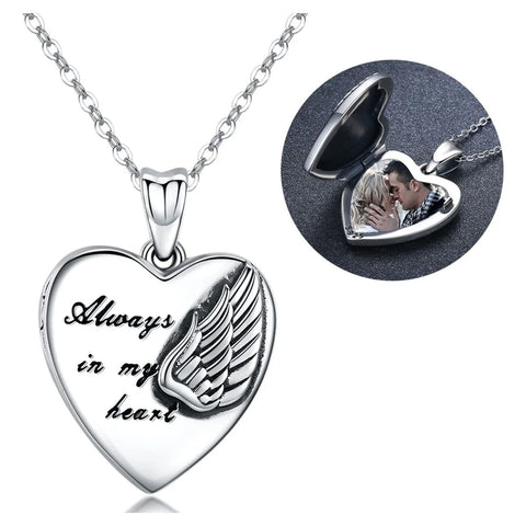 Heart Locket Necklace Always in My Heart 925 Sterling Silver That Can Hold 2 Photos Angel Wings Pendant Necklaces 18K White Gold Plated Jewelry Keepsake Xmas Gift for Women Mom Girls Daughter